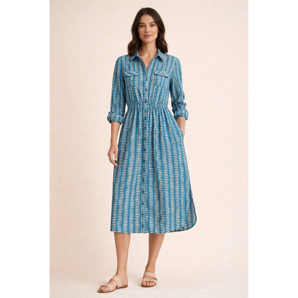 Maeve Anthropologie‎ Shirtdress Womens 6P Blue Geometric Print Button Front Midi